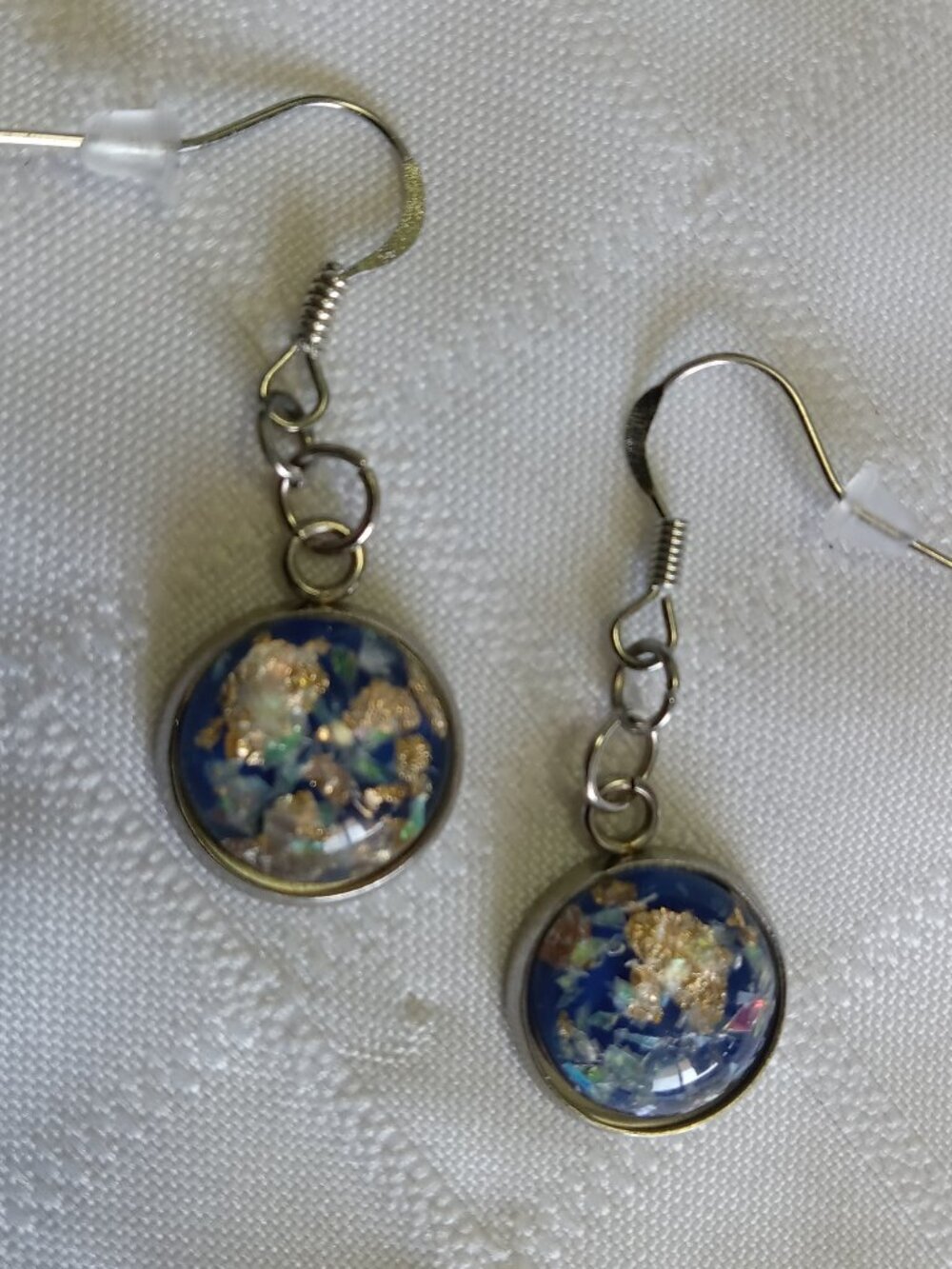 Handmade silver and blue tones sparkly confetti & gold foil earrings